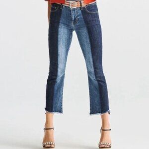 CAbi Jeans Women's Size 8 Blue Colorblock Hi-Low Crop Distressed Raw Hem Stretch
